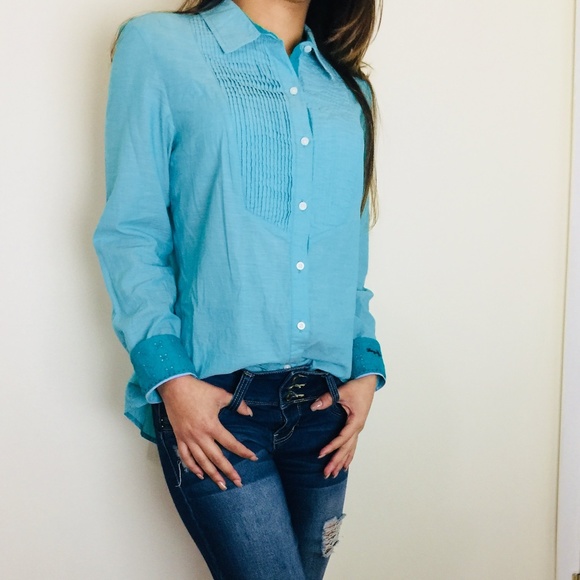 Tommy Hilfiger Womens Shirt Blue Floral Trim - Picture 1 of 8